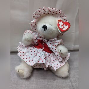 1993 TY Amore White Polar Bear With All My Heart Red Polka Dot Outfit Plush Toy